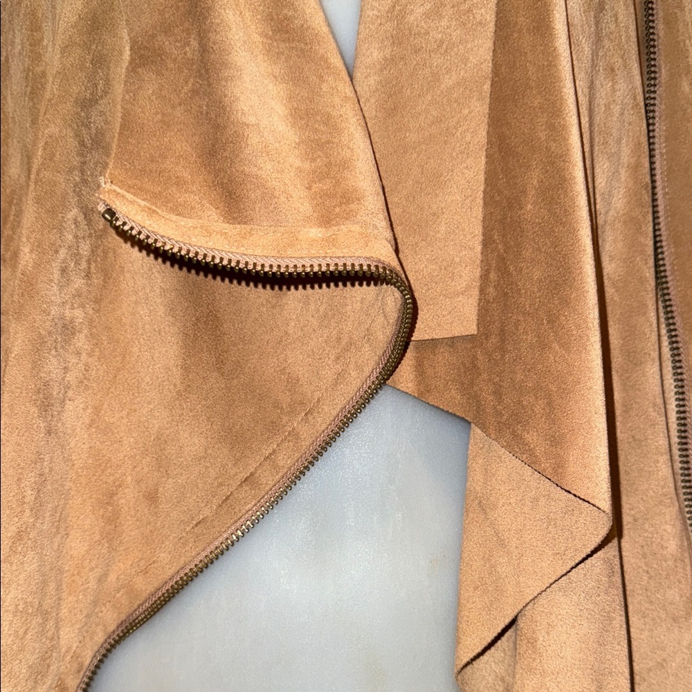 Mote Faux Suede Leather Tan Brown Moto Zipper Jacket Wrap - Picture 3 of 6